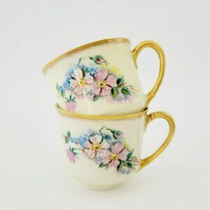 Rare Antique German Hand Painted Demitasse Cups Pink Floral Heavy Gold c1907-24